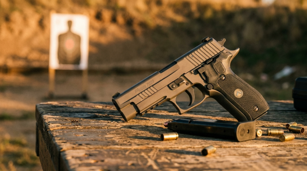 SIG P226 Review (2026): The DA/SA Benchmark, Tested 3 SIG P226 on a wooden shooting bench with a silhouette target downrange and 9mm brass