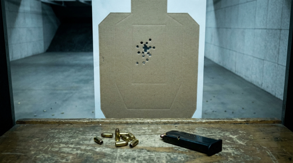 SIG P226 Review (2026): The DA/SA Benchmark, Tested 6 Silhouette target with a tight 9mm cluster, brass and a magazine on an indoor range bench
