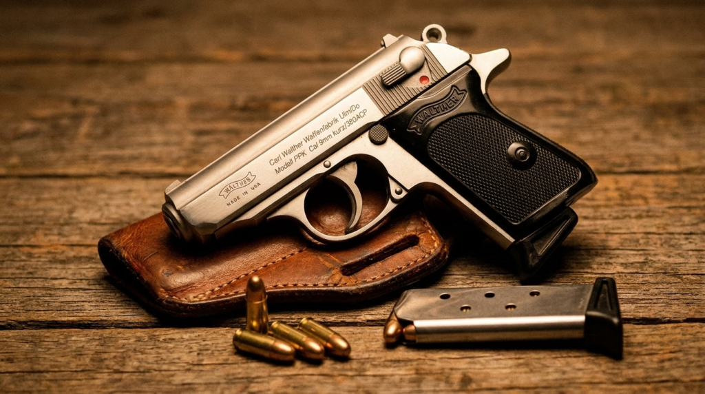 Walther PPK Review (2026): The James Bond Icon, Tested 4 Walther PPK on a leather pocket holster with a spare magazine and .380 cartridges