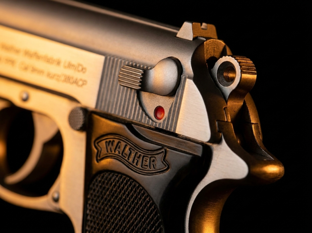 Walther PPK Review (2026): The James Bond Icon, Tested 5 Macro of the Walther PPK hammer, slide-mounted safety and WALTHER-logo grip