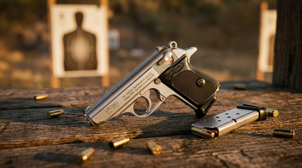 Walther PPK Review (2026): The James Bond Icon, Tested 3 Walther PPK on a wooden shooting bench with a silhouette target downrange and .380 brass