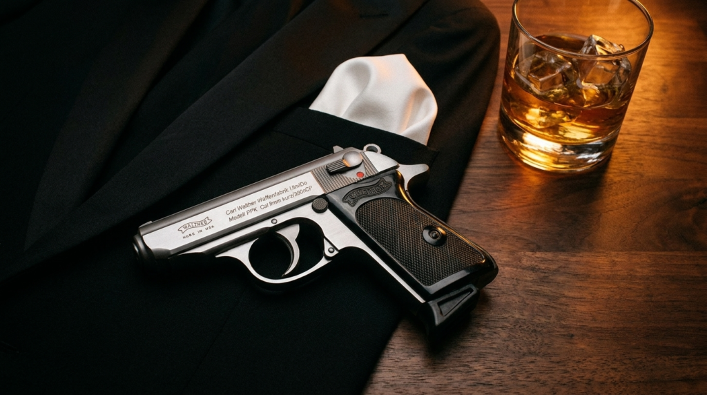 Walther PPK Review (2026): The James Bond Icon, Tested 2 Stainless Walther PPK on a black tuxedo jacket with a pocket square and a glass of whiskey