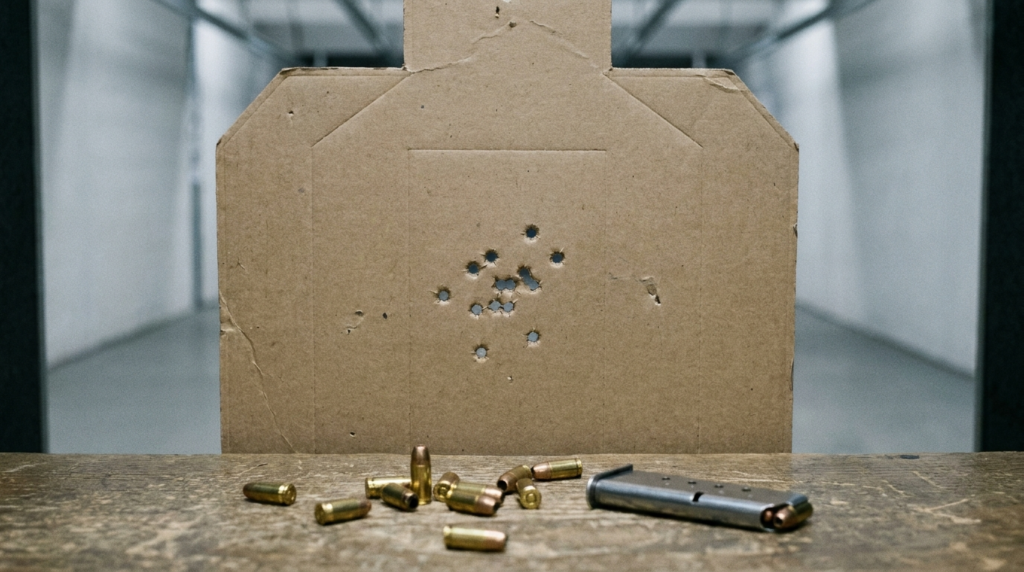 Walther PPK Review (2026): The James Bond Icon, Tested 6 Silhouette target with a modest .380 cluster, brass and a slim magazine on an indoor range bench