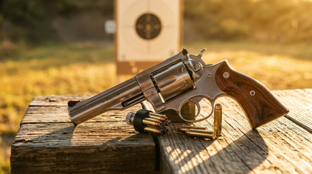 Ruger Redhawk Review (2026): The .44 Magnum Built Like a Tank 3 Ruger Redhawk on a wooden range bench with a bullseye target downrange and a .44 speedloader