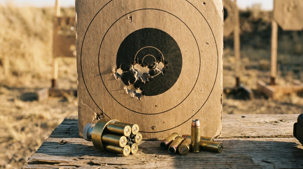 Ruger Redhawk Review (2026): The .44 Magnum Built Like a Tank 6 Bullseye target with a big .44 cluster, a speedloader and .44 Magnum cartridges on a range bench