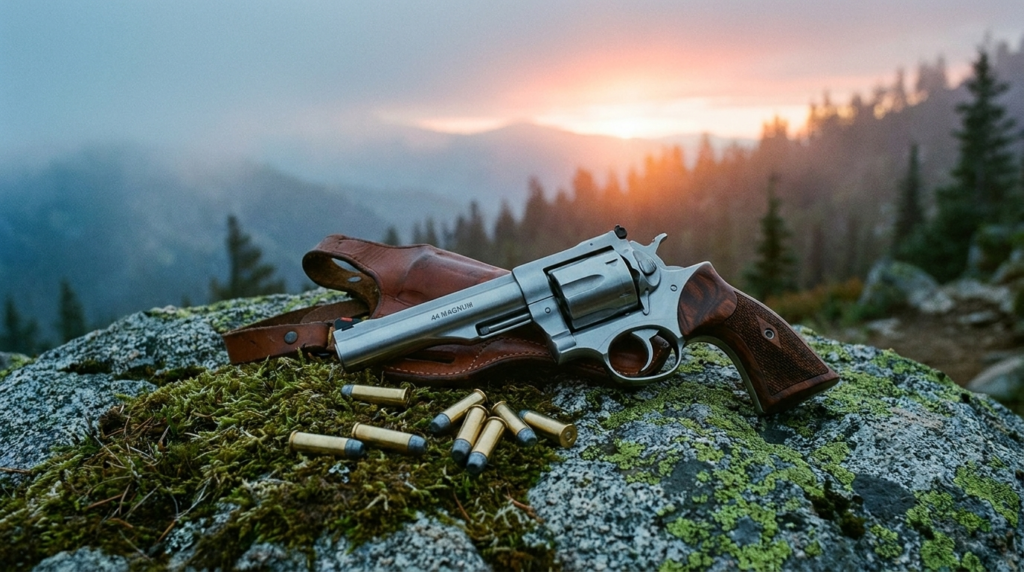Ruger Redhawk Review (2026): The .44 Magnum Built Like a Tank 2 Ruger Redhawk on a mossy rock with a leather chest holster on a mountain trail at dawn