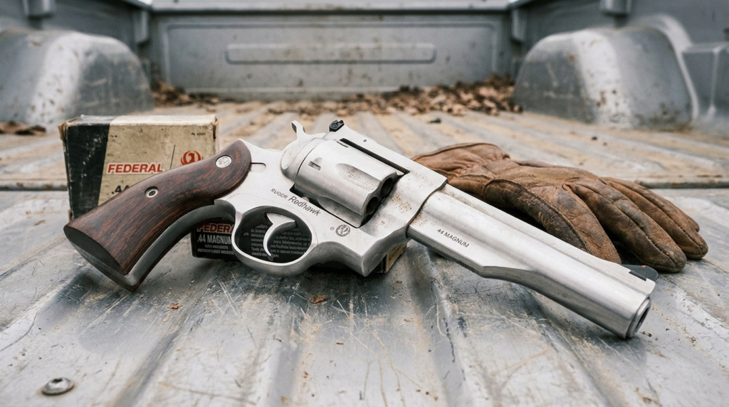 Ruger Redhawk Review (2026): The .44 Magnum Built Like a Tank 4 Ruger Redhawk on a truck bed with a box of .44 Magnum ammo and a work glove