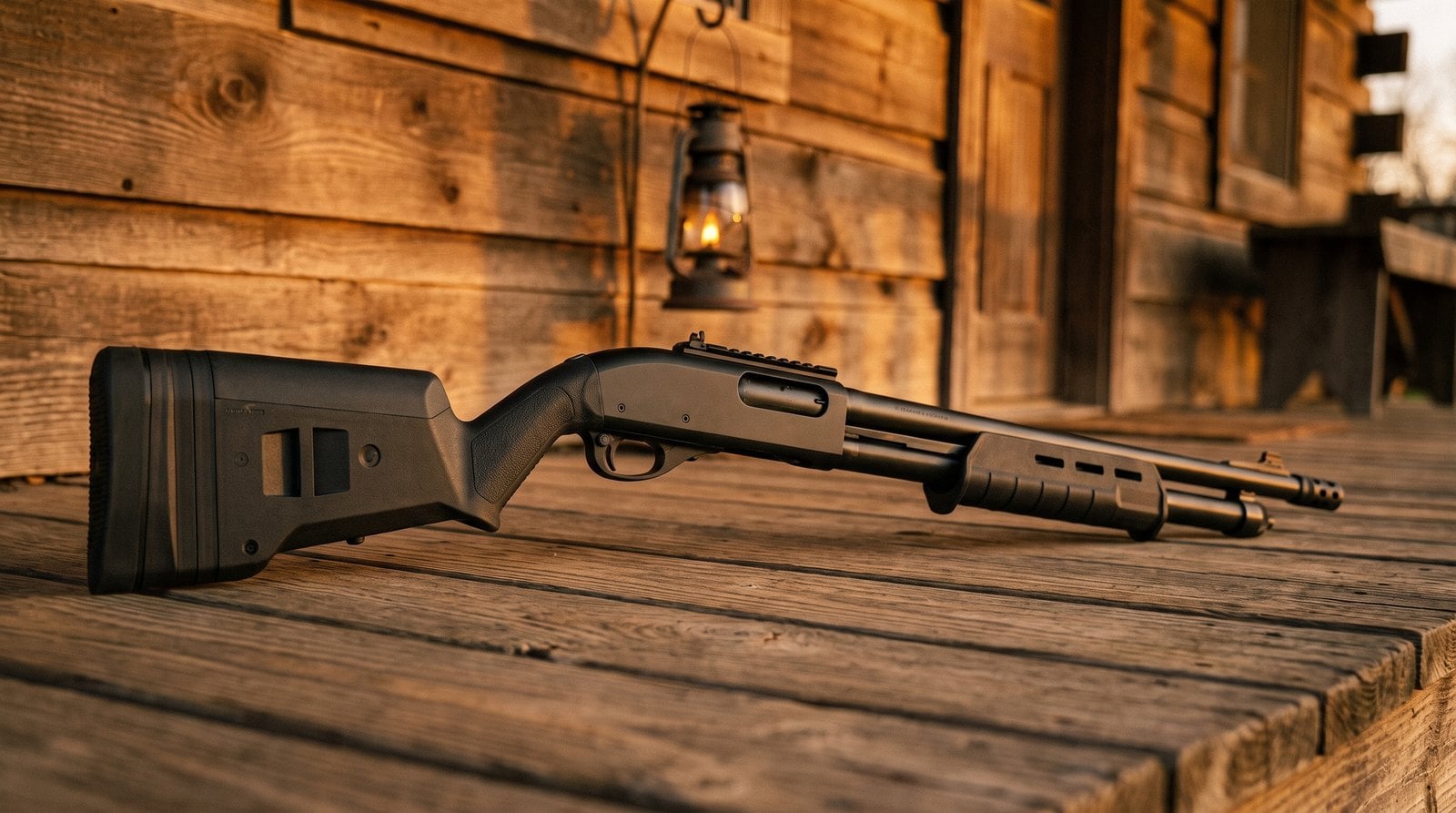 Remington 870 Tactical Review (2026): The Old Workhorse Under New Management 2 Remington 870 Tactical pump shotgun on a cabin porch at golden evening
