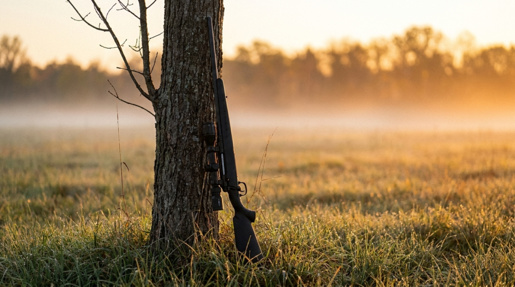Savage Axis II Review (2026): The Budget Sub-MOA Deer Rifle, Tested 2 Savage Axis II XP leaning against a tree at the edge of a misty field at sunrise