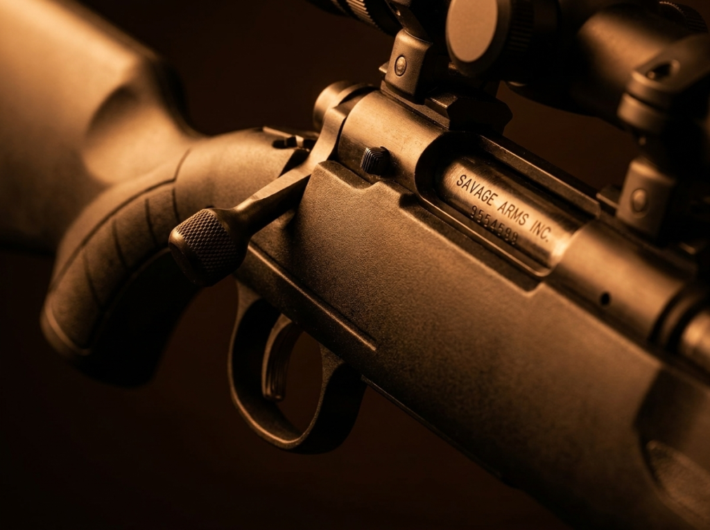 Savage Axis II Review (2026): The Budget Sub-MOA Deer Rifle, Tested 9 Macro close-up of the bolt handle, AccuTrigger and Savage Arms receiver markings