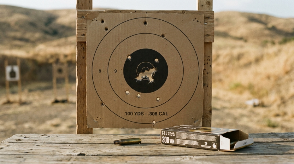 Savage Axis II Review (2026): The Budget Sub-MOA Deer Rifle, Tested 10 Paper target with a tight sub-MOA .308 group, a box of cartridges on a bench