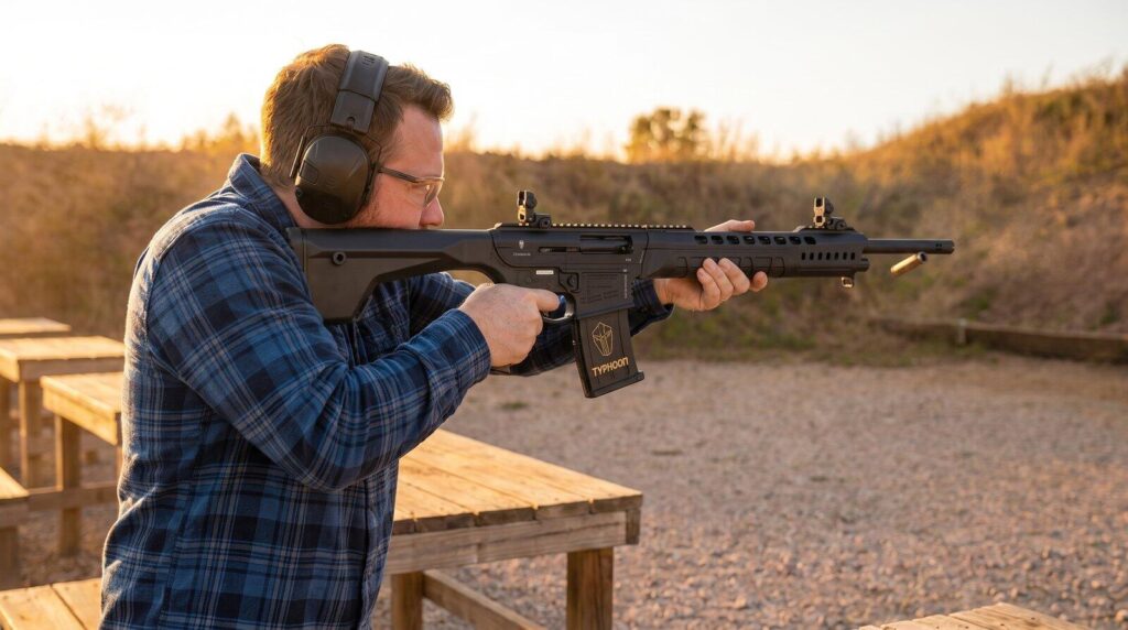 Typhoon Defense X12 Review (2026): The Budget AR-12 That Earns Its Keep Once You Break It In 6 Running the Typhoon Defense X12 magazine-fed 12-gauge on the range during our 250-round test, a hull in the air
