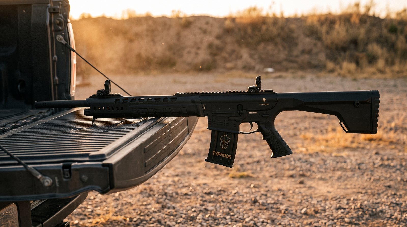 Typhoon Defense X12 Review (2026): The Budget AR-12 That Earns Its Keep Once You Break It In 2 Typhoon Defense X12 12-gauge shotgun on a truck tailgate at golden hour