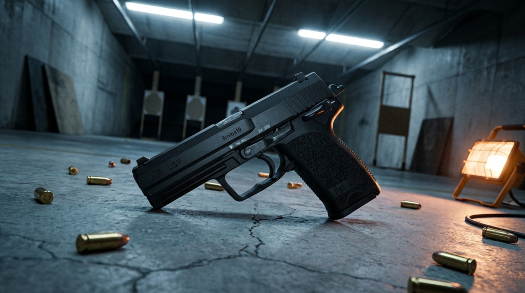 HK USP Review (2026): The Over-Engineered German Workhorse, Tested 4 HK USP on a tactical bay floor at night with scattered 9mm brass