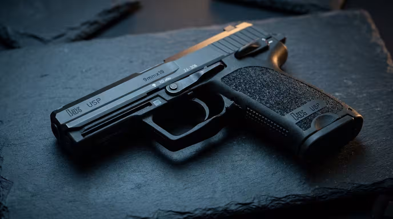 Black Heckler & Koch USP full-size 9mm pistol on dark slate in moody light