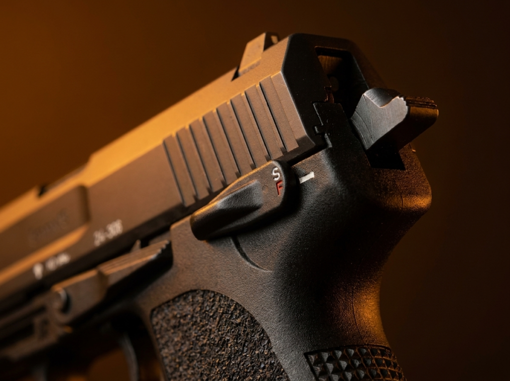 HK USP Review (2026): The Over-Engineered German Workhorse, Tested 5 Macro of the HK USP control lever, hammer and slide markings over the stippled grip