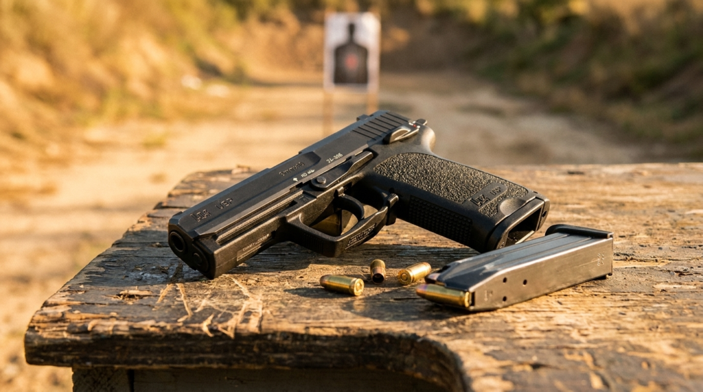 HK USP Review (2026): The Over-Engineered German Workhorse, Tested 3 HK USP on a wooden shooting bench with a silhouette target downrange and 9mm brass