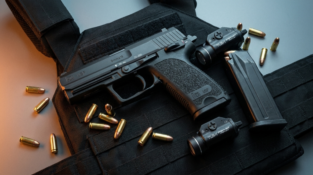 HK USP Review (2026): The Over-Engineered German Workhorse, Tested 2 HK USP on a tactical plate carrier with a weapon light, spare magazine and 9mm cartridges
