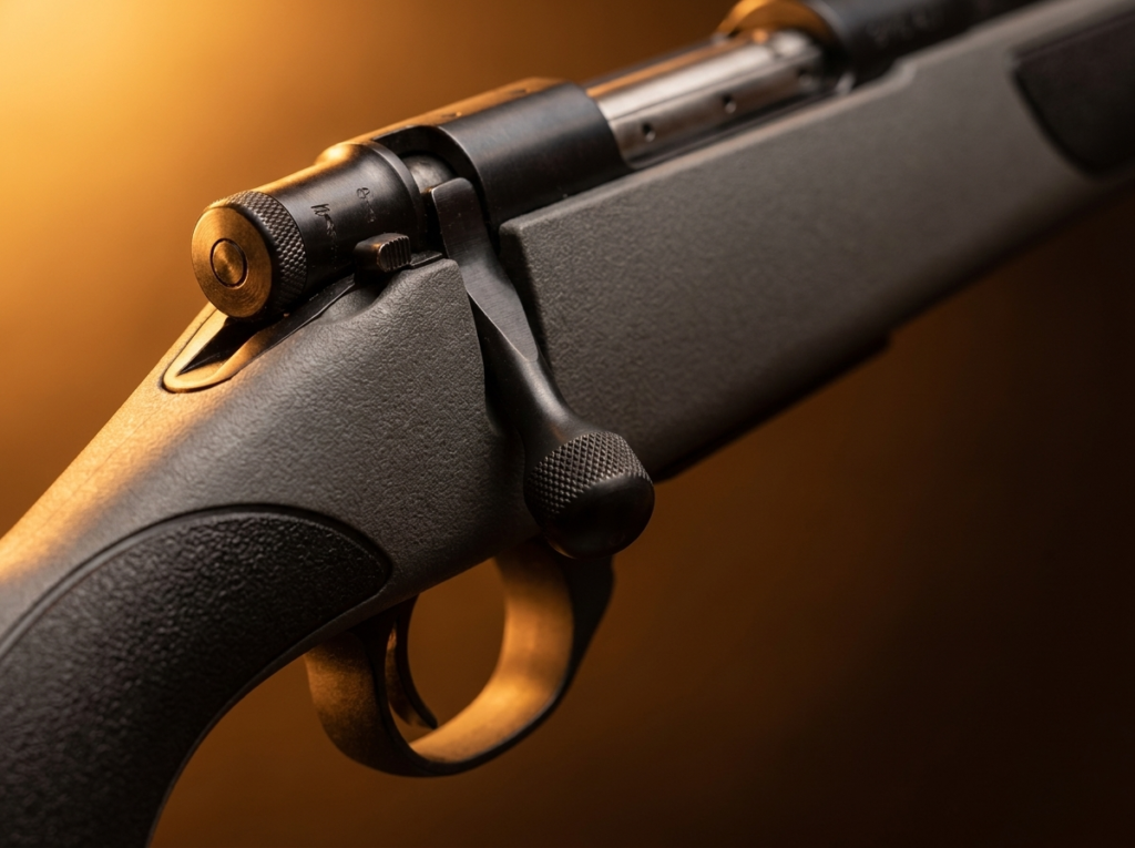 Weatherby Vanguard Review (2026): Sub-MOA Guaranteed, Tested 5 Macro of the Weatherby Vanguard bolt handle, receiver and safety on the synthetic stock