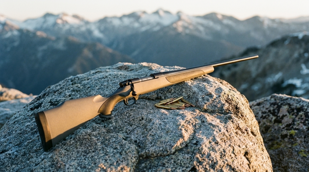 Weatherby Vanguard Review (2026): Sub-MOA Guaranteed, Tested 2 Weatherby Vanguard rifle on a granite boulder on an alpine ridge at sunrise with snowy peaks