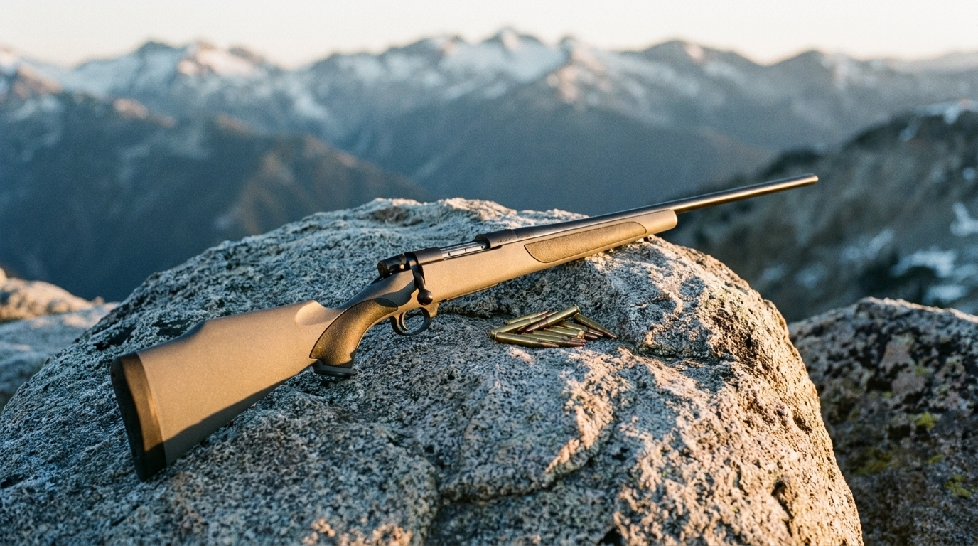 Weatherby Vanguard rifle on a granite boulder on an alpine ridge at sunrise with snowy peaks