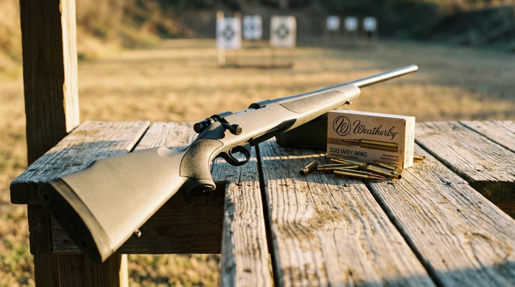 Weatherby Vanguard Review (2026): Sub-MOA Guaranteed, Tested 3 Weatherby Vanguard on a wooden range bench with a box of Weatherby ammo and targets downrange