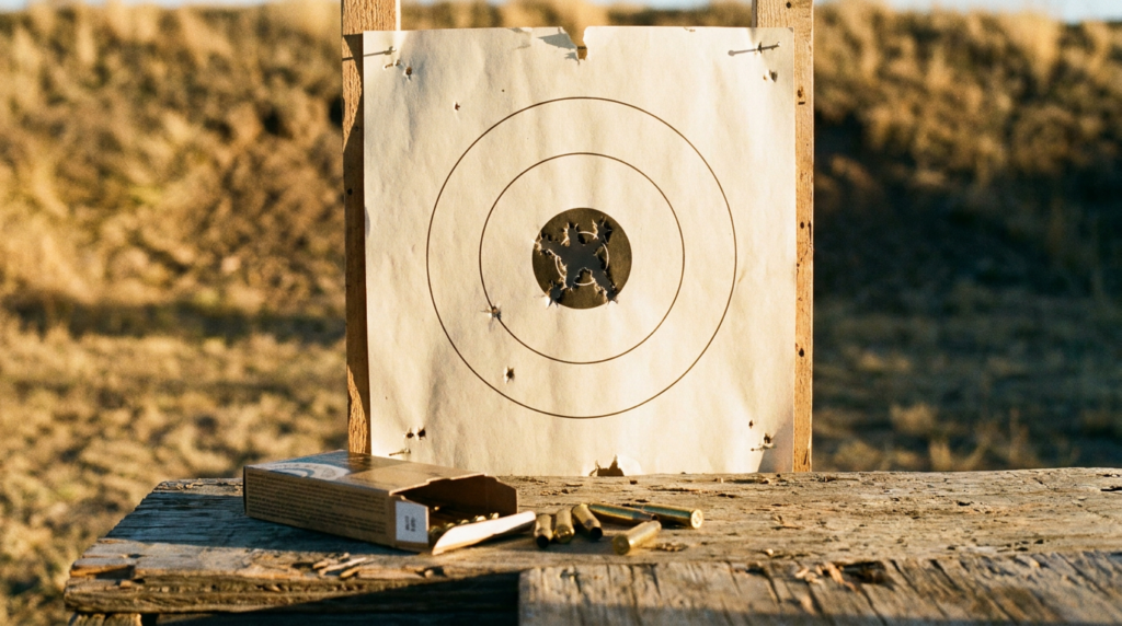 Weatherby Vanguard Review (2026): Sub-MOA Guaranteed, Tested 6 Bullseye target with a tight sub-MOA centerfire cluster, an ammo box and brass on a range bench