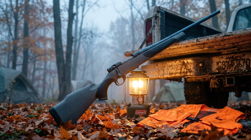 Weatherby Vanguard Review (2026): Sub-MOA Guaranteed, Tested 4 Weatherby Vanguard leaning on a muddy truck tailgate at a misty autumn hunting camp