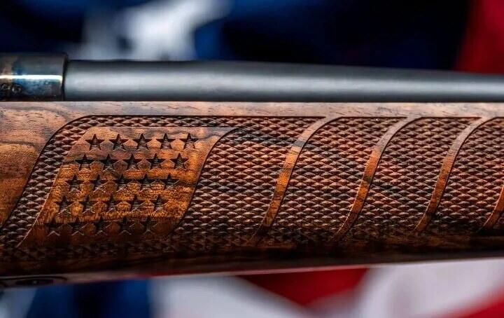 Weatherby's 250th Anniversary Mark V Bets on the Quarter-Bore 2 Weatherby 250th Anniversary Mark V rifle with exhibition walnut stock, 25 engraved stars per side, 13 forearm lines, Liberty-torch grip cap and color case-hardened receiver