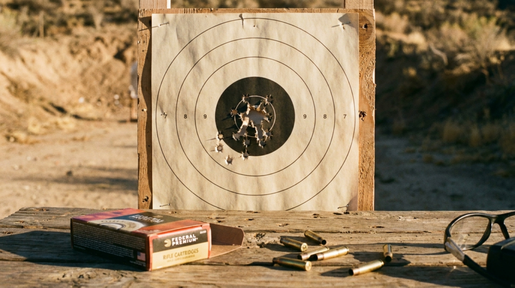Winchester Model 70 Review (2026): The Rifleman's Rifle, Tested 6 Bullseye target with a tight centerfire cluster, an ammo box and brass on a range bench