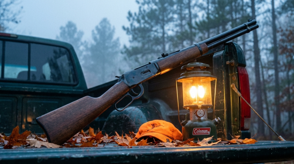Winchester Model 94 Review (2026): America's Deer Rifle, Tested 4 Winchester Model 94 leaning on a truck tailgate at a misty autumn deer camp at dawn