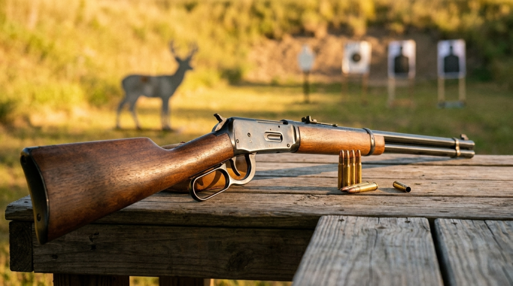 Winchester Model 94 Review (2026): America's Deer Rifle, Tested 3 Winchester Model 94 lever gun on a wooden range bench with .30-30 cartridges and targets downrange