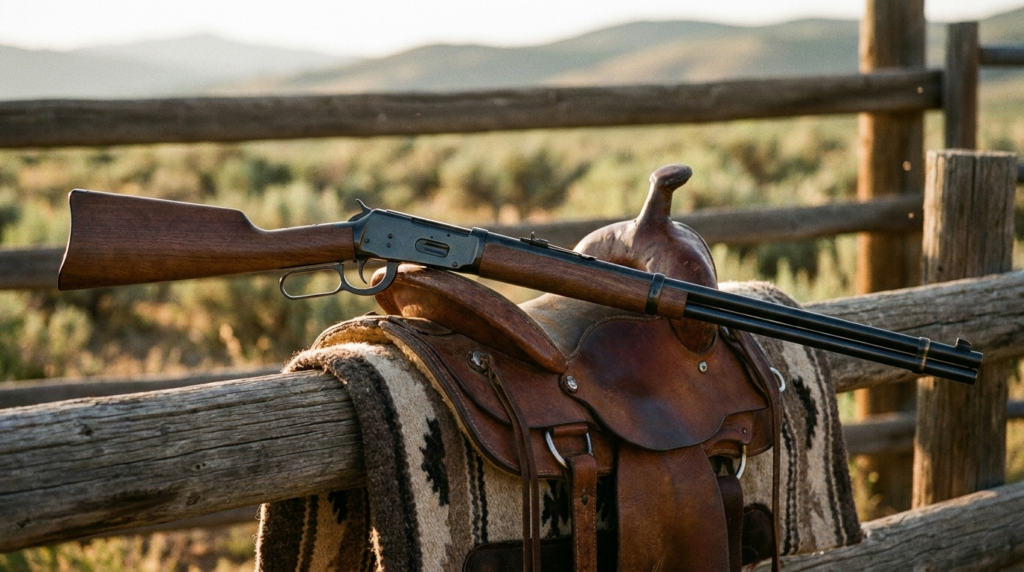 Winchester Model 94 Review (2026): America's Deer Rifle, Tested 2 Winchester Model 94 .30-30 carbine resting on a leather saddle on a corral fence at golden hour