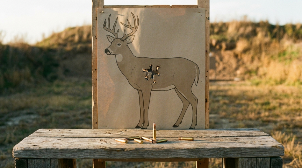 Winchester Model 94 Review (2026): America's Deer Rifle, Tested 6 Deer-silhouette target with a tight .30-caliber cluster and .30-30 brass on a range bench