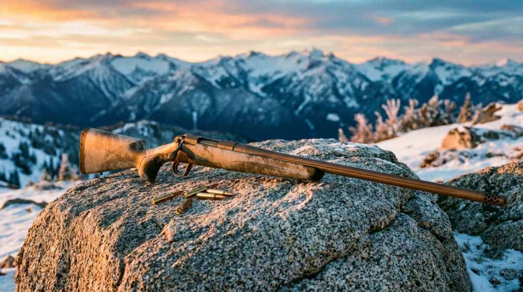 Browning X-Bolt Review (2026): The Feature-Rich Hunter, Tested 2 Browning X-Bolt rifle on a granite boulder on a mountain ridge at sunrise with snowy peaks