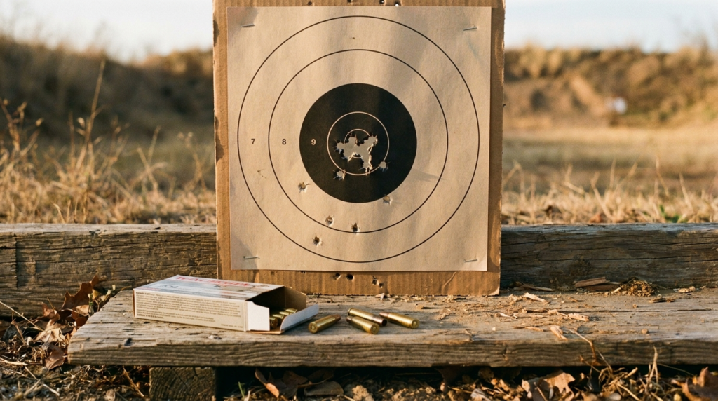 Browning X-Bolt Review (2026): The Feature-Rich Hunter, Tested 6 Bullseye target with a tight sub-MOA centerfire cluster, an ammo box and brass on a range bench