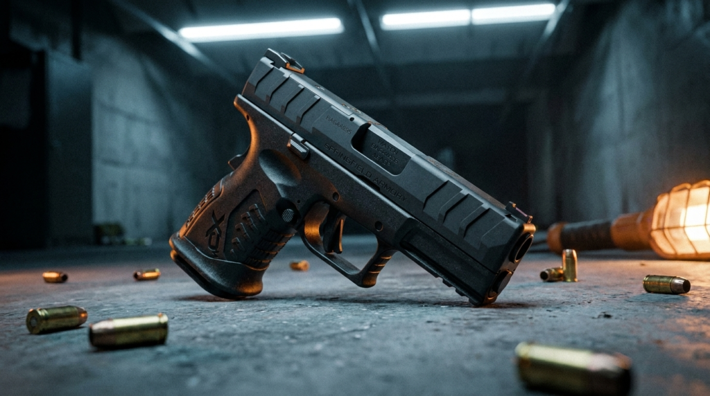 Springfield XD-M Elite Review (2026): High Capacity, Great Trigger 4 Springfield XD-M Elite on a tactical bay floor at night with scattered brass