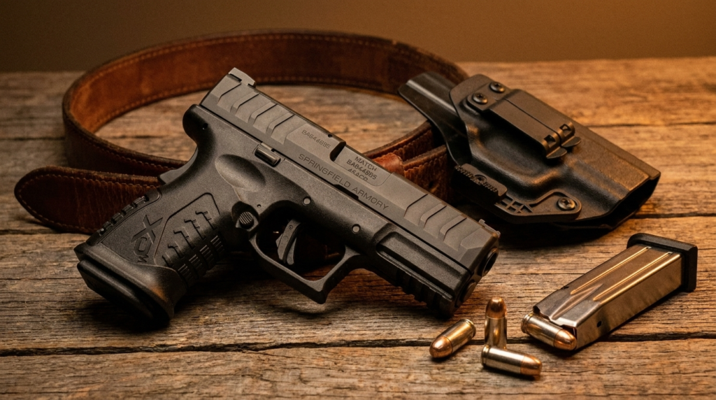 Springfield XD-M Elite Review (2026): High Capacity, Great Trigger 2 Springfield XD-M Elite on a leather belt and kydex holster with a high-capacity magazine and cartridges