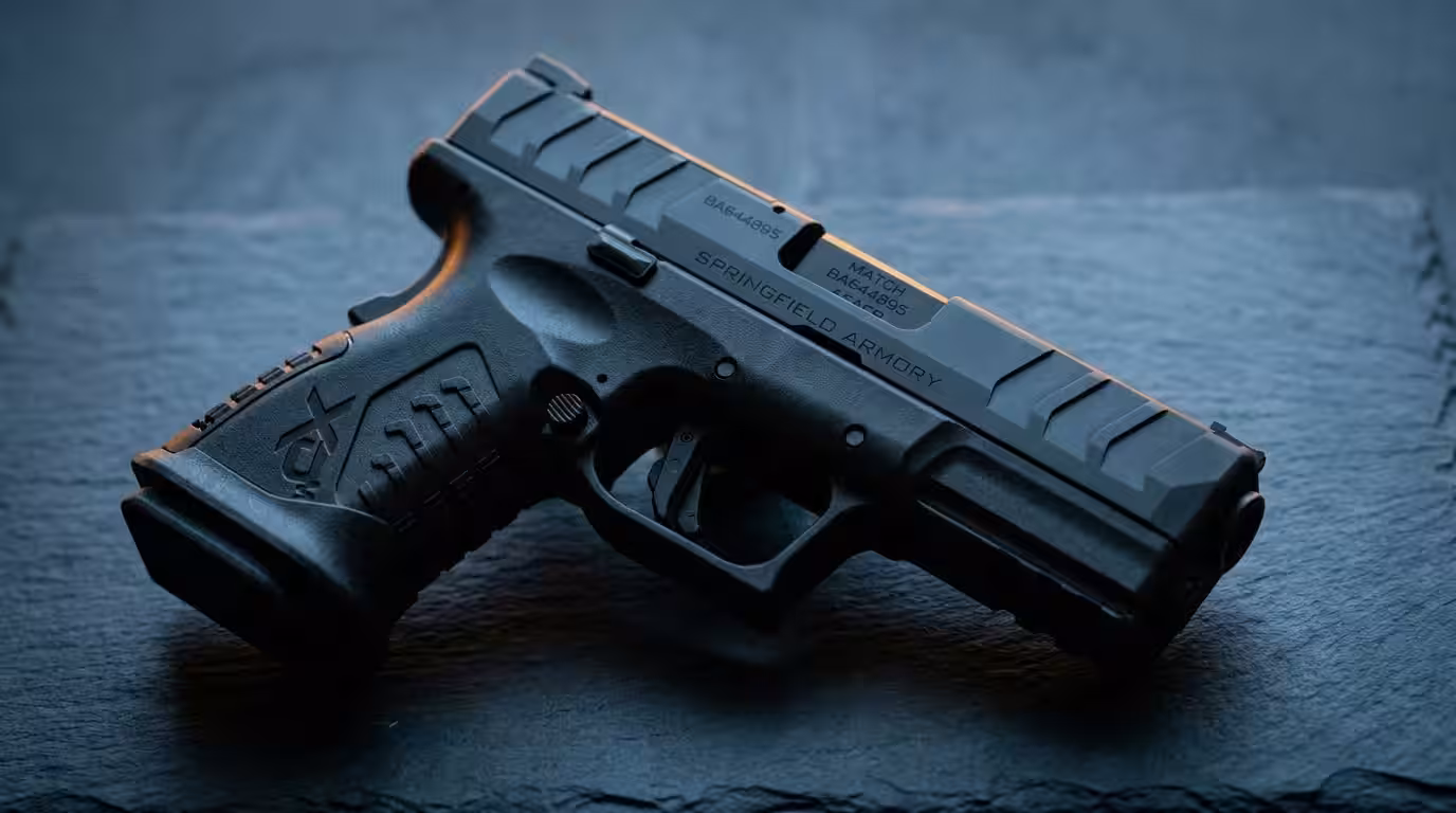 Black Springfield XD-M Elite striker-fired 9mm pistol on dark slate in moody light