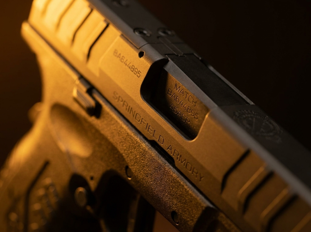 Springfield XD-M Elite Review (2026): High Capacity, Great Trigger 5 Macro of the Springfield XD-M Elite slide markings and ejection port over the XD-M grip