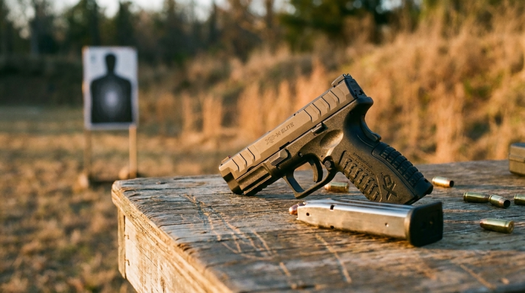 Springfield XD-M Elite Review (2026): High Capacity, Great Trigger 3 Springfield XD-M Elite on a wooden shooting bench with a silhouette target downrange and brass