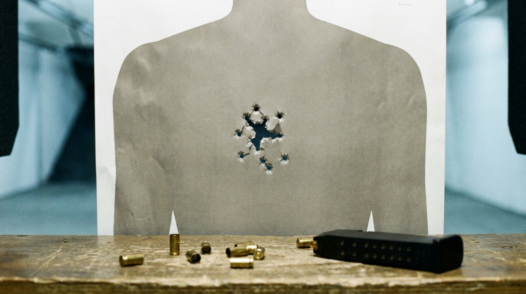 Springfield XD-M Elite Review (2026): High Capacity, Great Trigger 6 Silhouette target with a tight cluster, brass and a high-capacity magazine on an indoor range bench