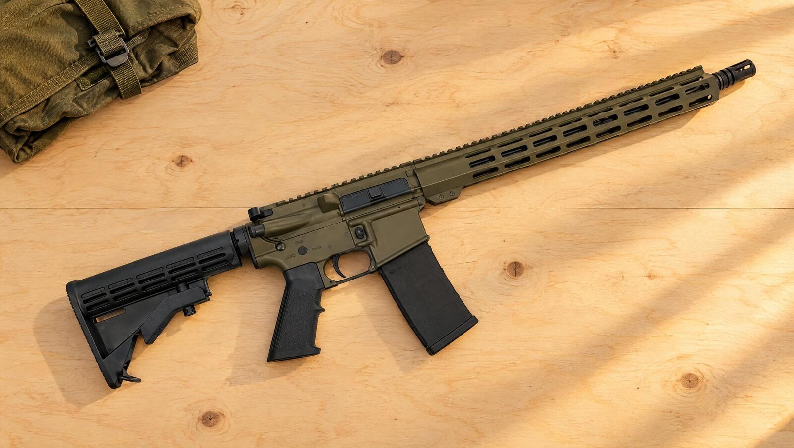 Andro Corp ACI-15 Bravo AR-15 in olive drab on pale birch boards in warm afternoon light