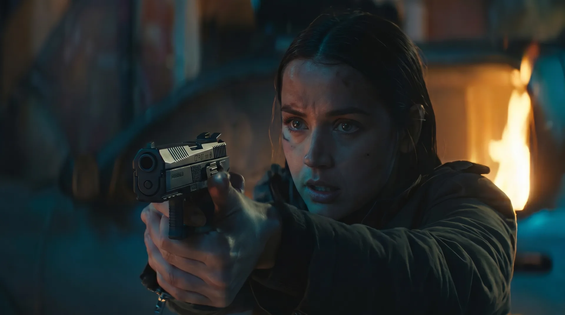 Eve Macarro with the CZ P-07 taken from a henchman during the Hallstatt shootout in Ballerina (2025)