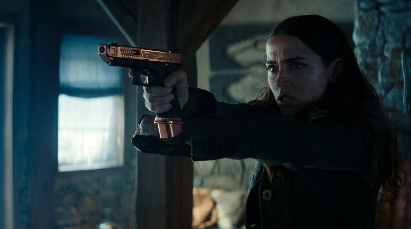 Eve Macarro aims the bronze TTI Ballerina Glock 17 in Ballerina (2025)