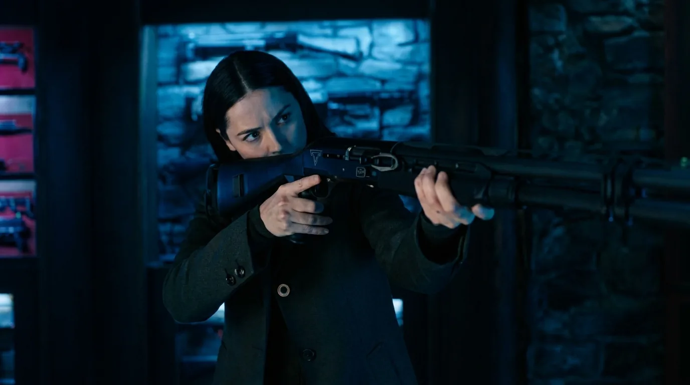Eve shoulders the Taran Tactical Benelli M2 Tactical in Frank's gun store in Ballerina (2025)