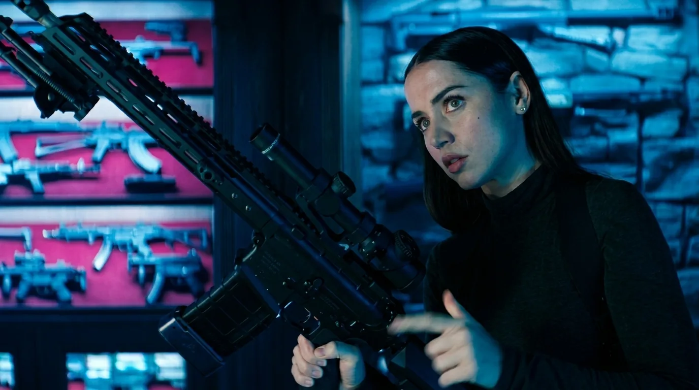 Eve inspects the TTI V Seven Harbinger in Frank's underground gun shop in Ballerina (2025)