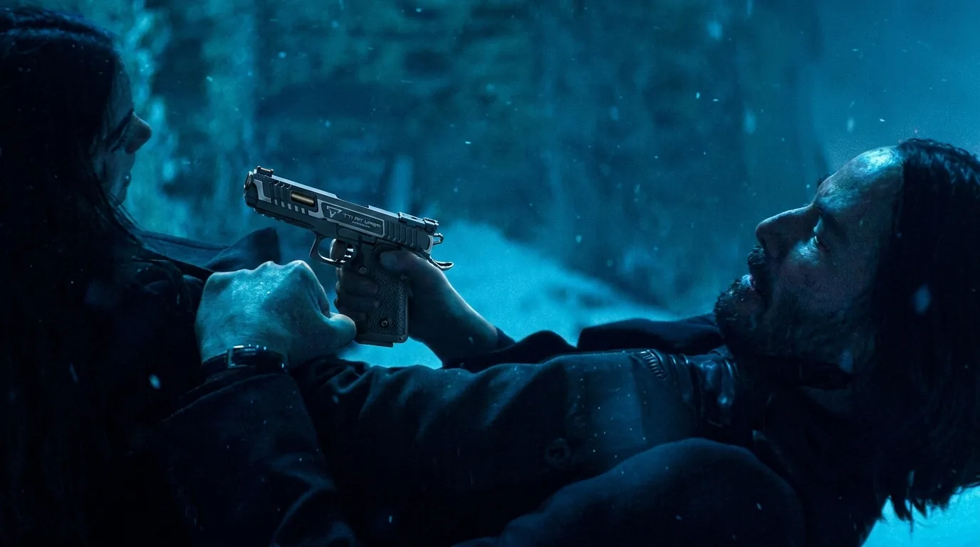 John Wick levels the Taran Tactical Viper at Eve during the snowbound Hallstatt duel in Ballerina (2025)