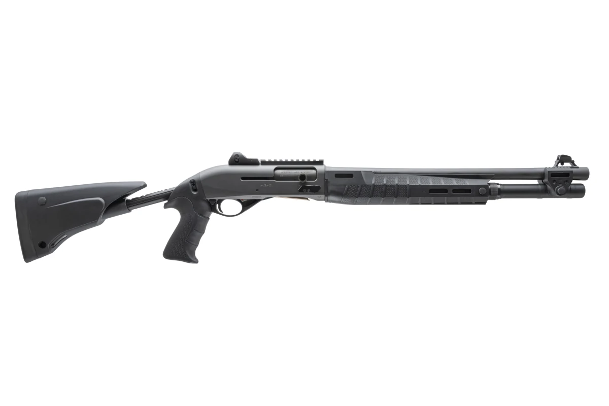 Benelli M2-G1 Tactical 12 gauge shotgun, right side, ghost ring sights and telescoping stock