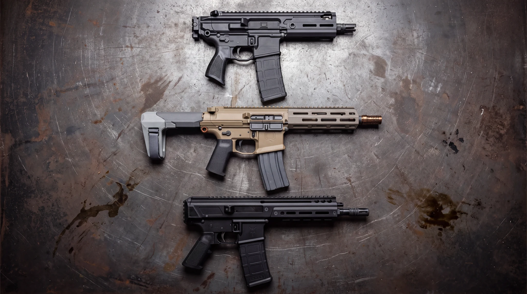 Best 300 Blackout pistols for 2026 laid out on a steel bench: Sig MCX Rattler, Q Honey Badger and PSA JAKL